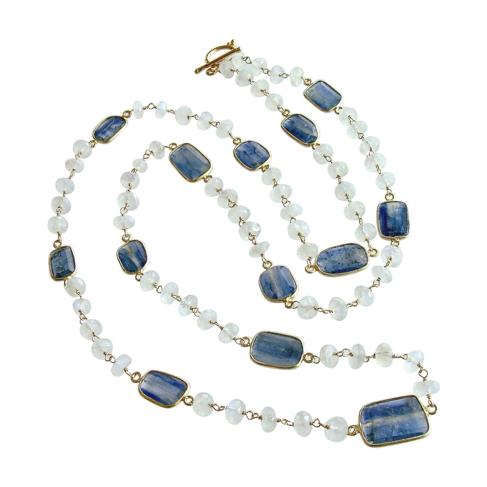 Long Moonstone with Kyanite Bezel Slab Stations Necklace, Atasi