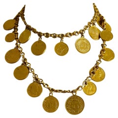 Long Multi Chain Choker Layered Gold Plate Coin Charm Dangle Necklace