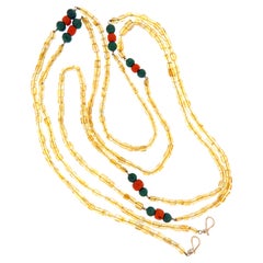 Long Multi-Gemstone Sautoir with Citrine, Malachite, and Coral in 9k Gold