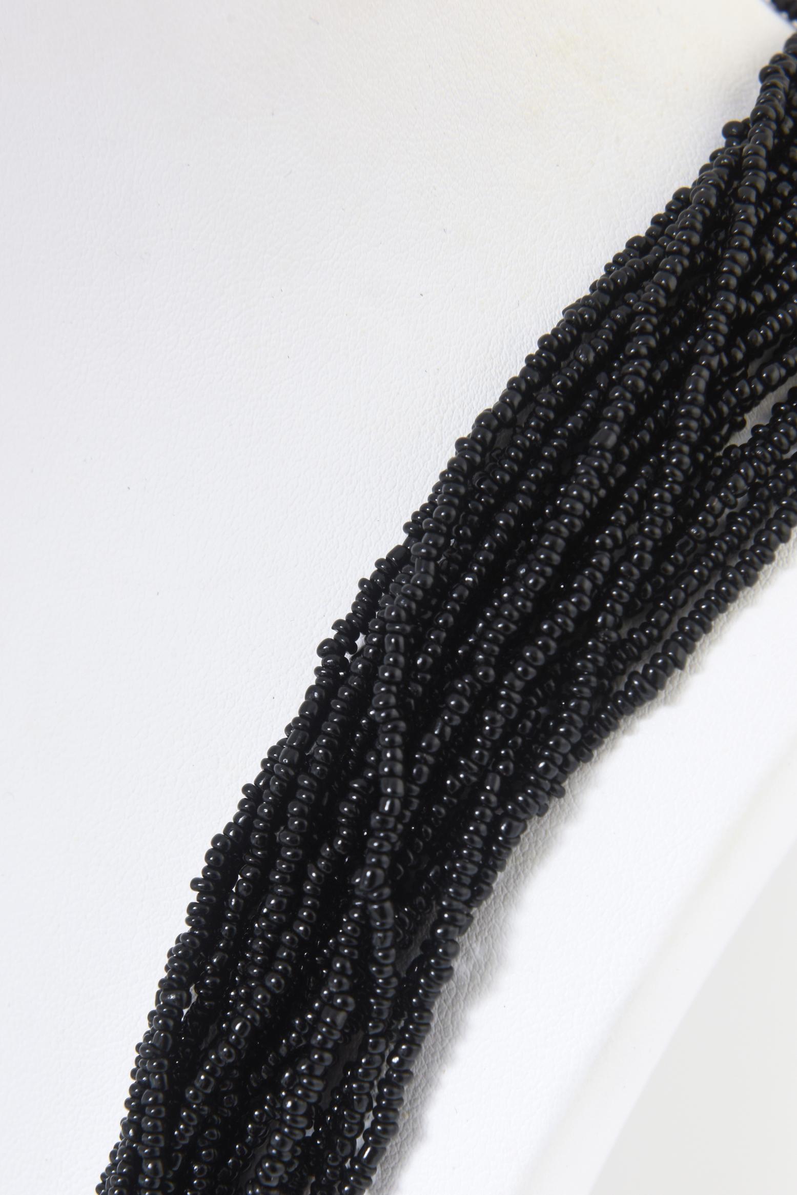 Long Multi-Strand Black Bead Mother of Pearl Necklace For Sale 1