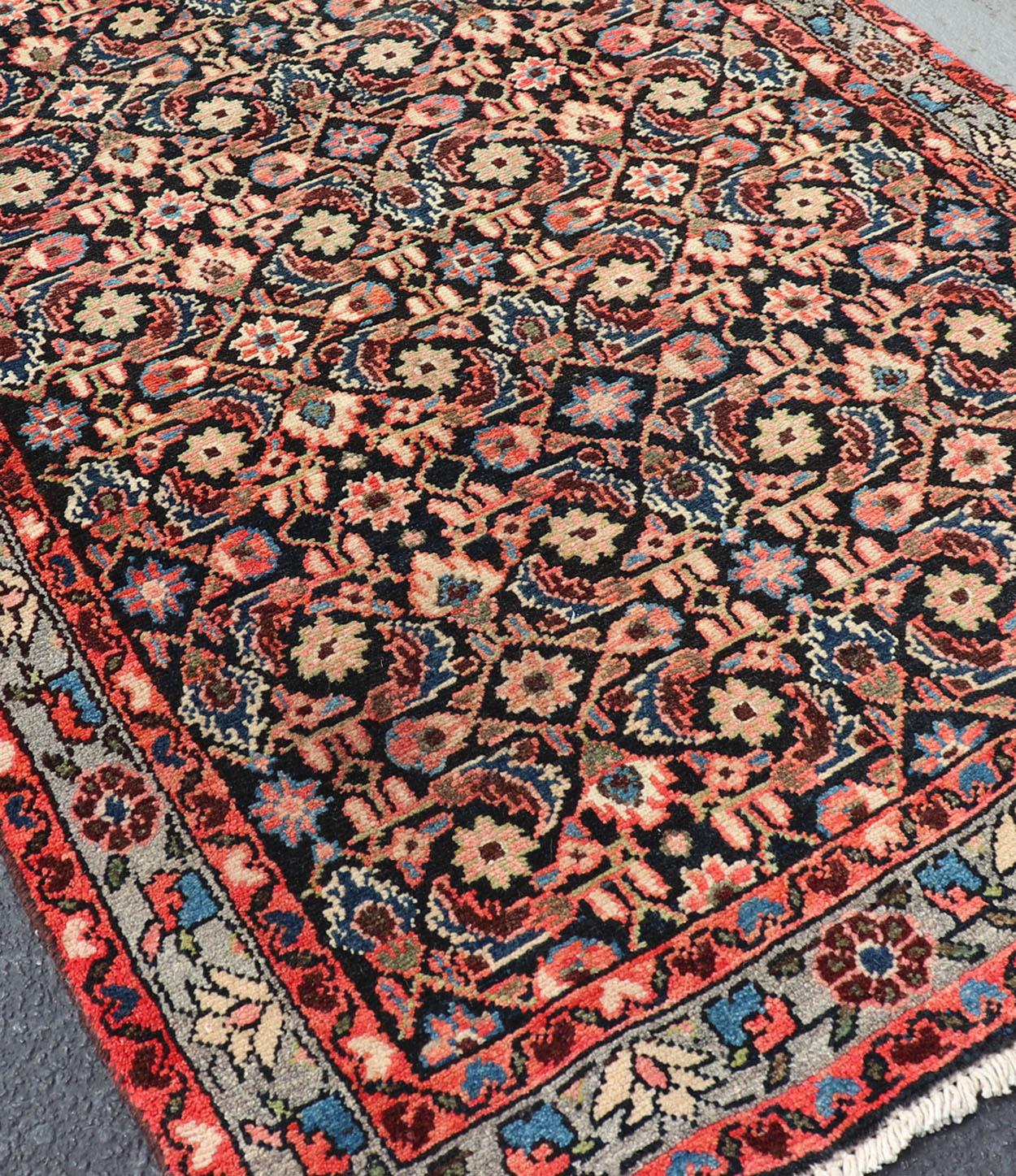 Long Multicolored Vintage Persian Malayer Runner Sub-Geometric Floral Design For Sale 5