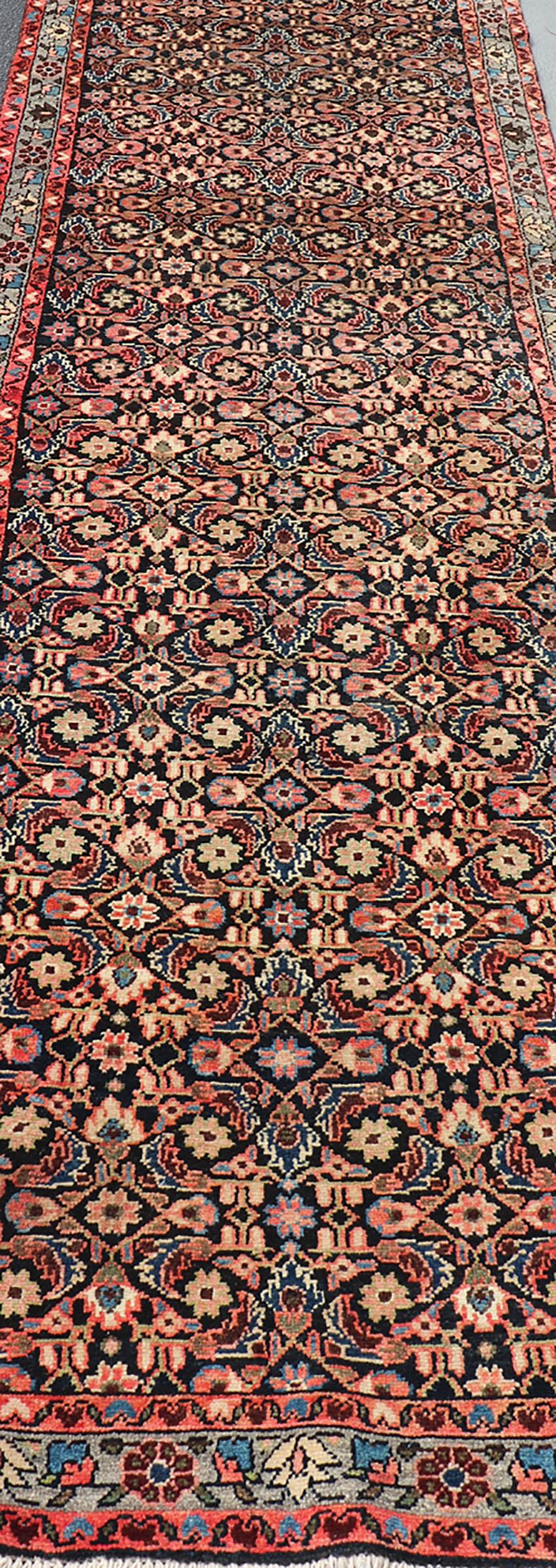 Long Multicolored Vintage Persian Malayer Runner Sub-Geometric Floral Design For Sale 6