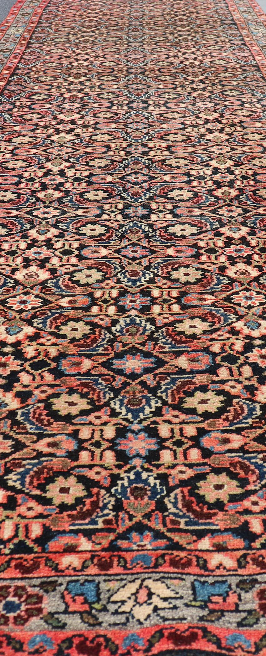 Long Multicolored Vintage Persian Malayer Runner Sub-Geometric Floral Design For Sale 7