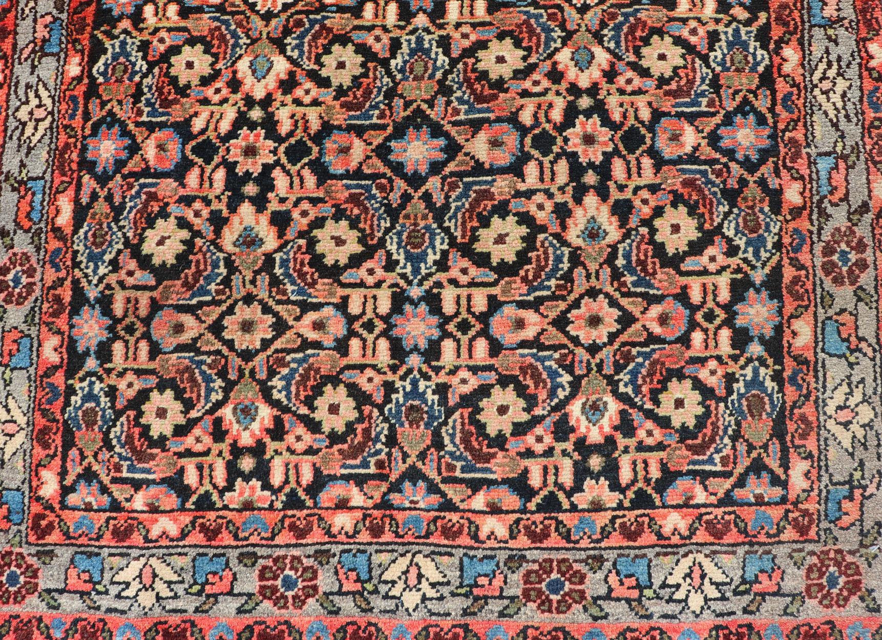 Long Multicolored Vintage Persian Malayer Runner Sub-Geometric Floral Design For Sale 12