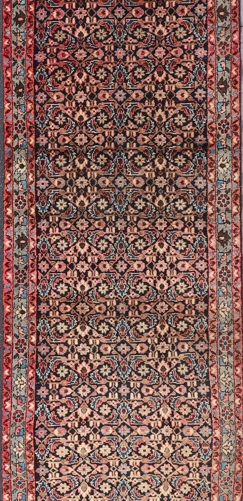 Hand-Knotted Long Multicolored Vintage Persian Malayer Runner Sub-Geometric Floral Design For Sale