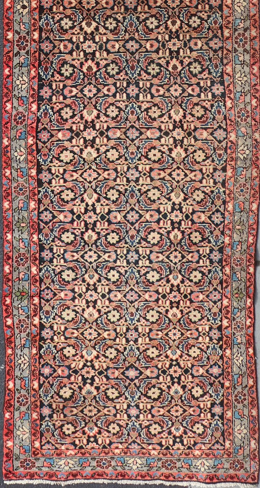 Long Multicolored Vintage Persian Malayer Runner Sub-Geometric Floral Design In Excellent Condition For Sale In Atlanta, GA