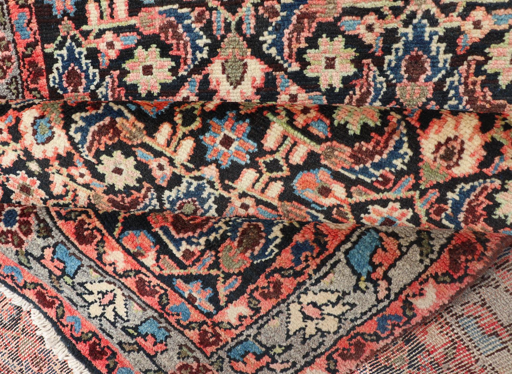 Long Multicolored Vintage Persian Malayer Runner Sub-Geometric Floral Design For Sale 1