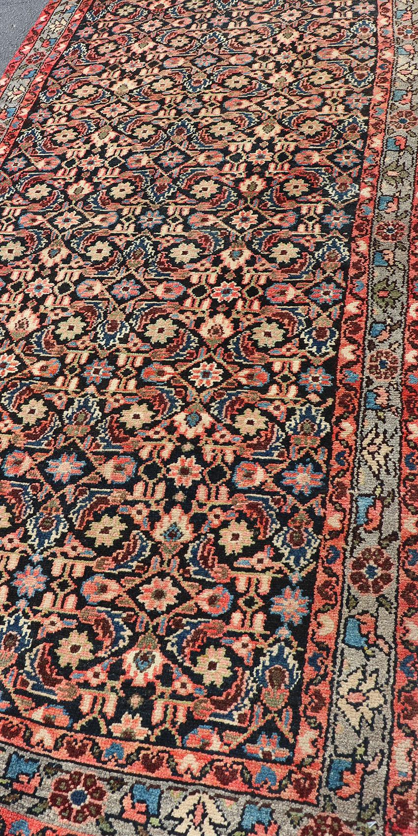 Long Multicolored Vintage Persian Malayer Runner Sub-Geometric Floral Design For Sale 2
