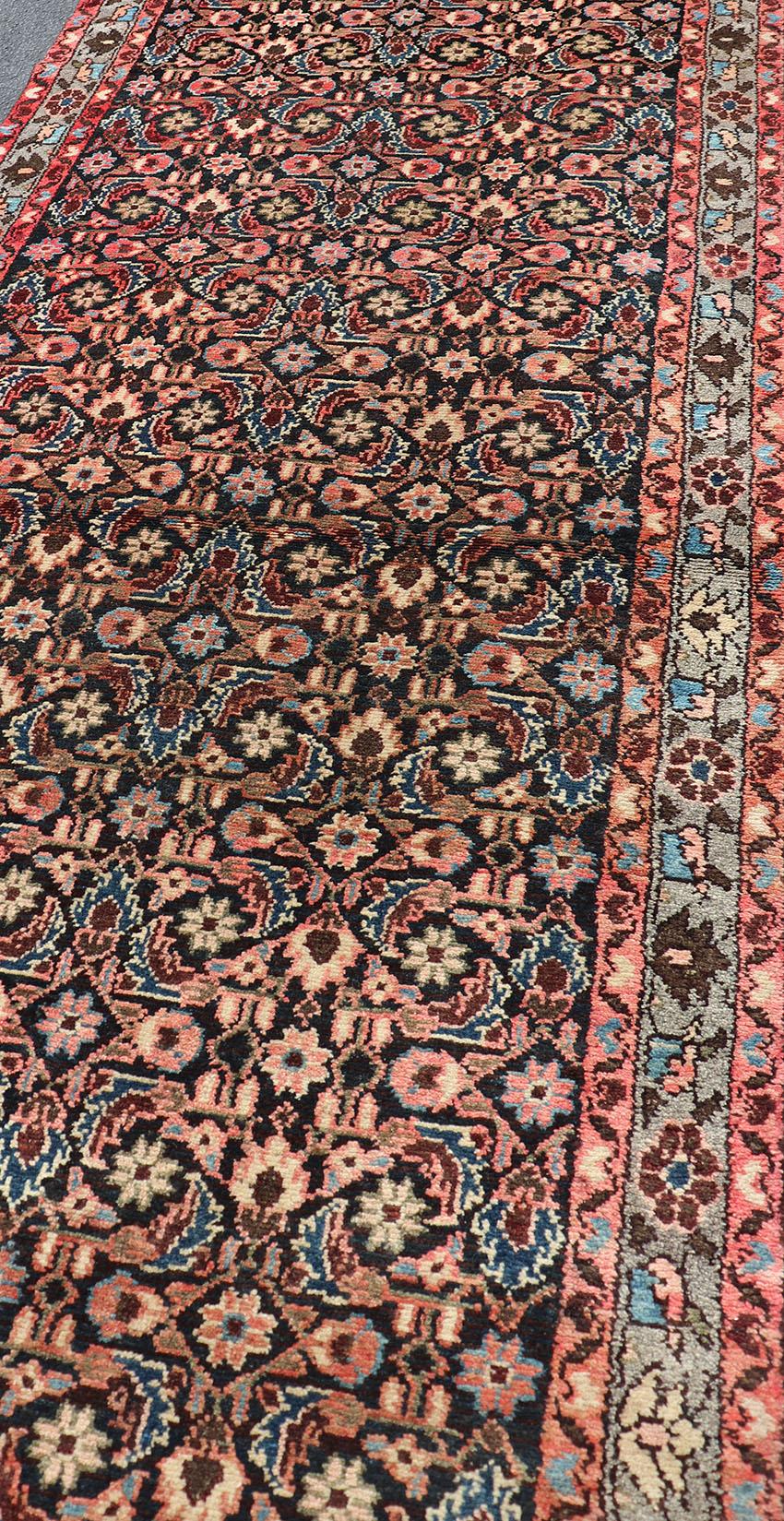 Long Multicolored Vintage Persian Malayer Runner Sub-Geometric Floral Design For Sale 3