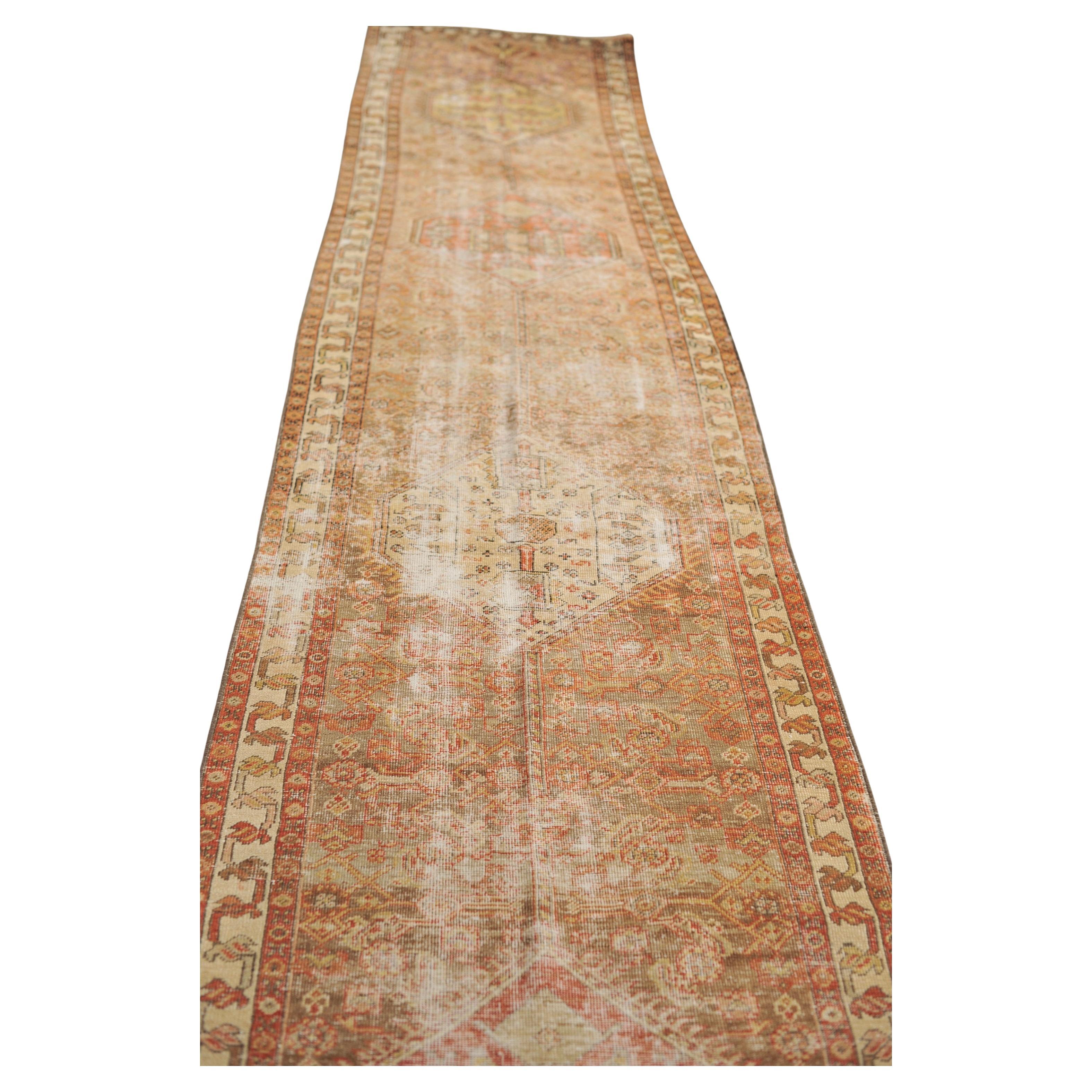 Long Muted Distressed Tribal Antique Rug For Sale