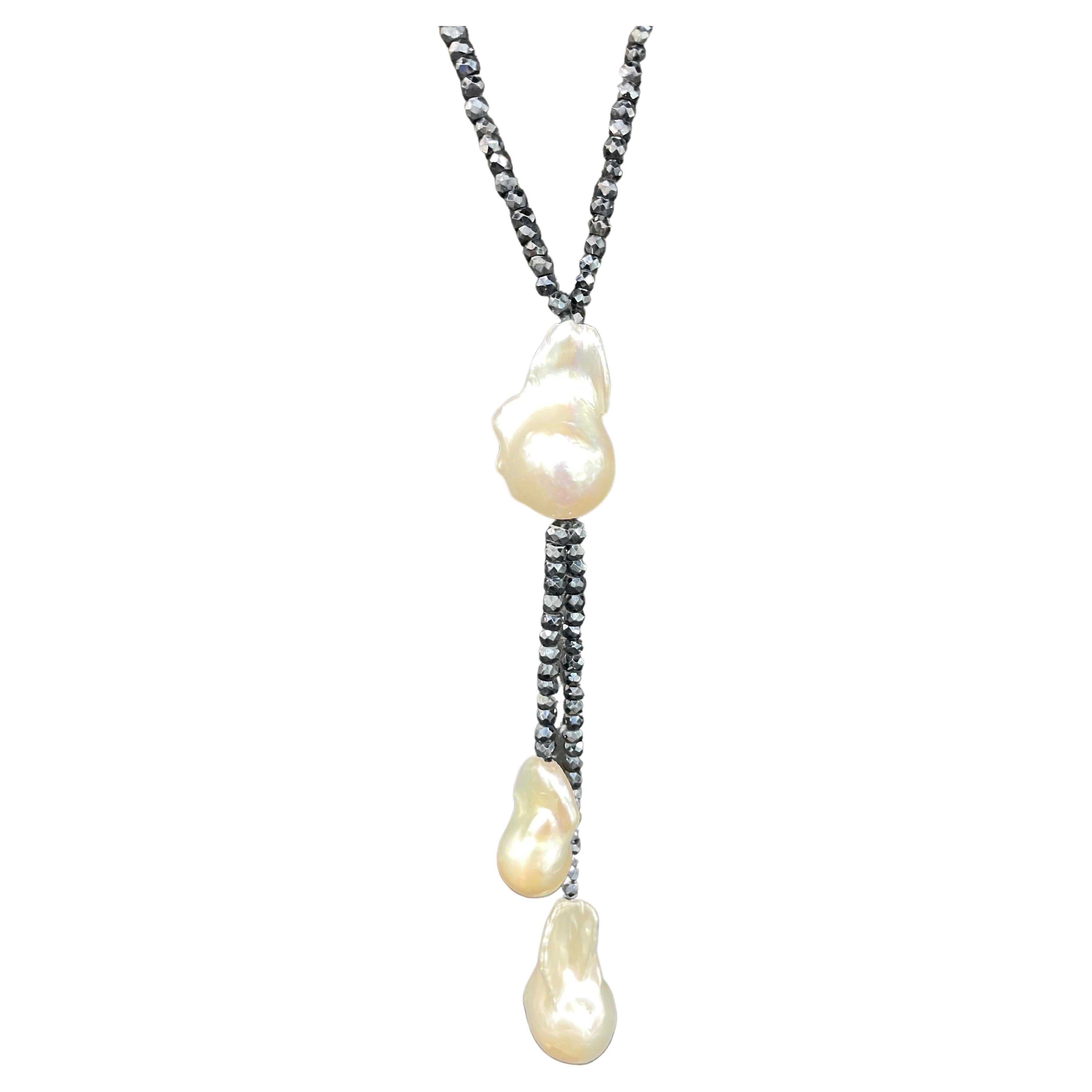 Long Mystic Spinel Baroque White Pearl Drop Necklace 36 Inches In New Condition For Sale In New York, NY