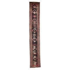 Long & Narrow Antique Runner in Moody Navy, Camel & Pink Colors, c.1930's