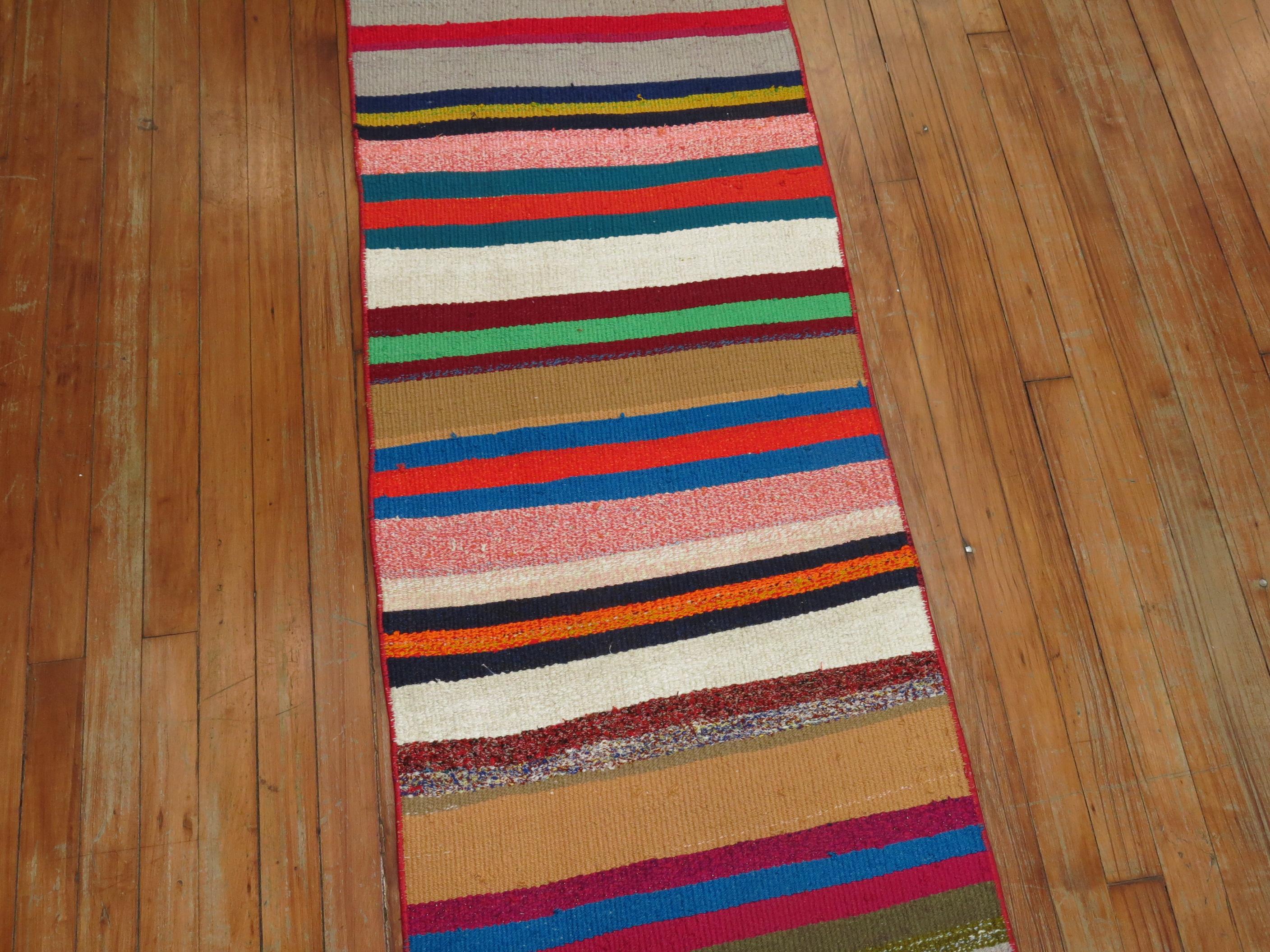 Long Narrow Bright Turkish Kilim Runner In Good Condition For Sale In New York, NY