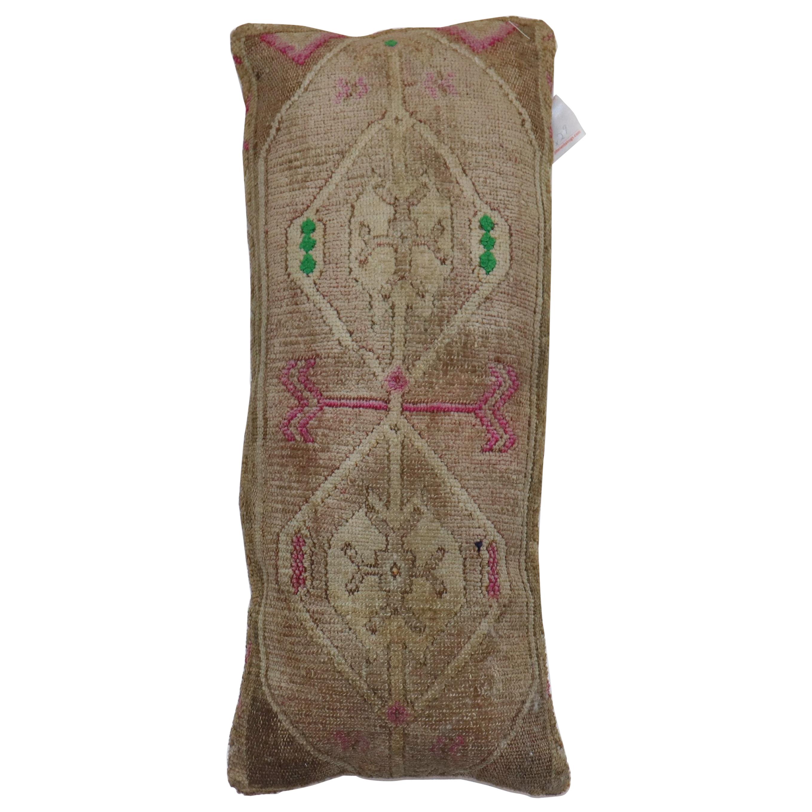 Long Narrow Brown Pink Pops of Green Turkish Pillow For Sale