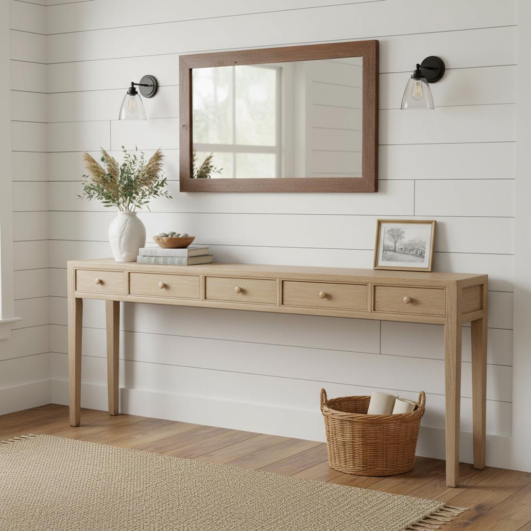 Console Table with Drawers combines elegant simplicity with practical design, making it an ideal piece for entryways, dining rooms, or hallways. Hand-painted in a soft Ivory Country finish, this console features a slim silhouette that adds
