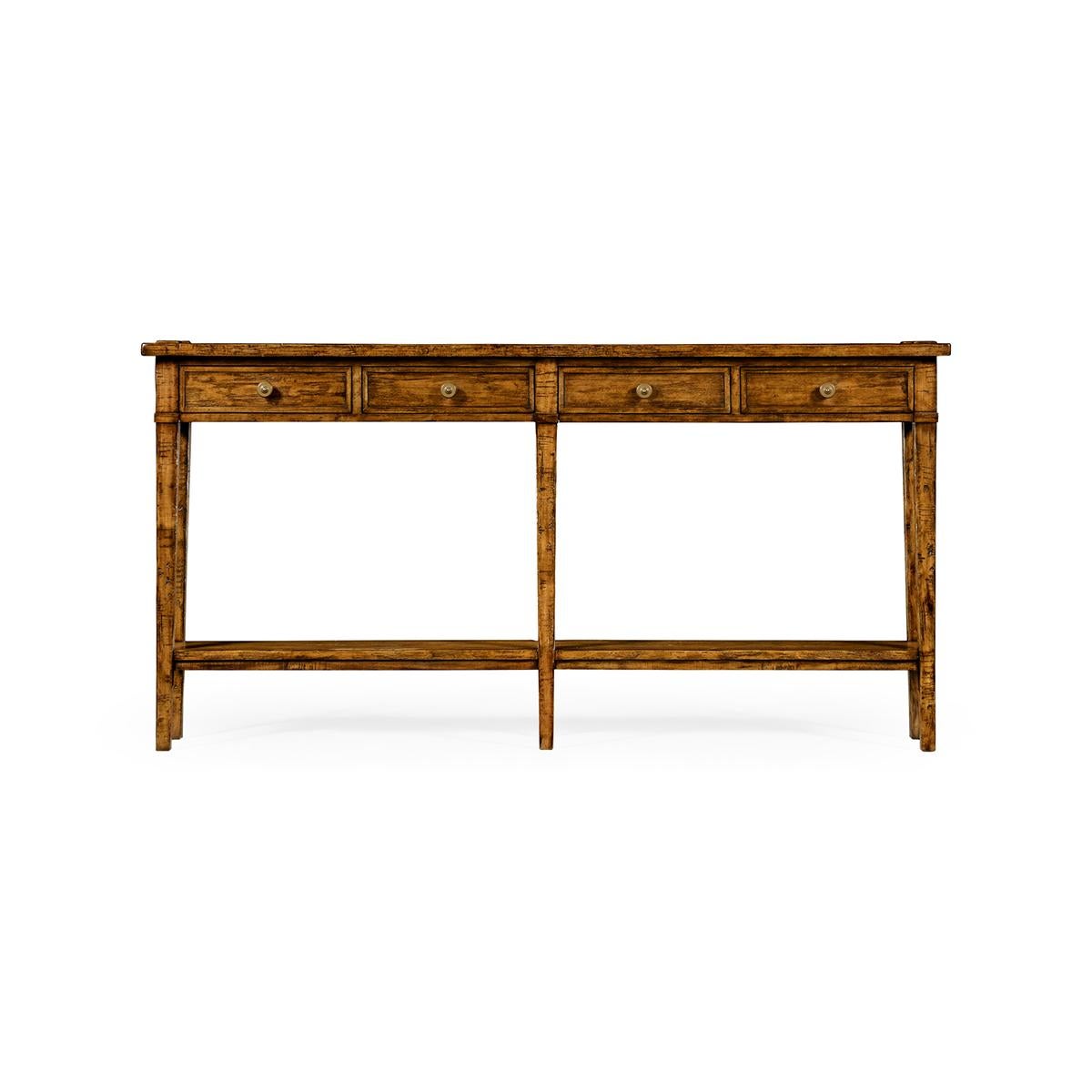 Long narrow country console. This rectangular hall table has a rustic country finish with a paneled top showing exposed saw marks above four drawers set on square tapered legs with a shelf stretcher base.

Dimensions: 68 1/8