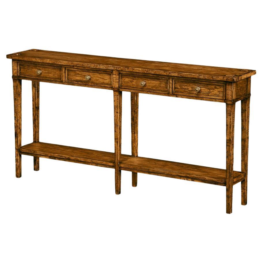Long Narrow Country Console, Walnut Finish For Sale