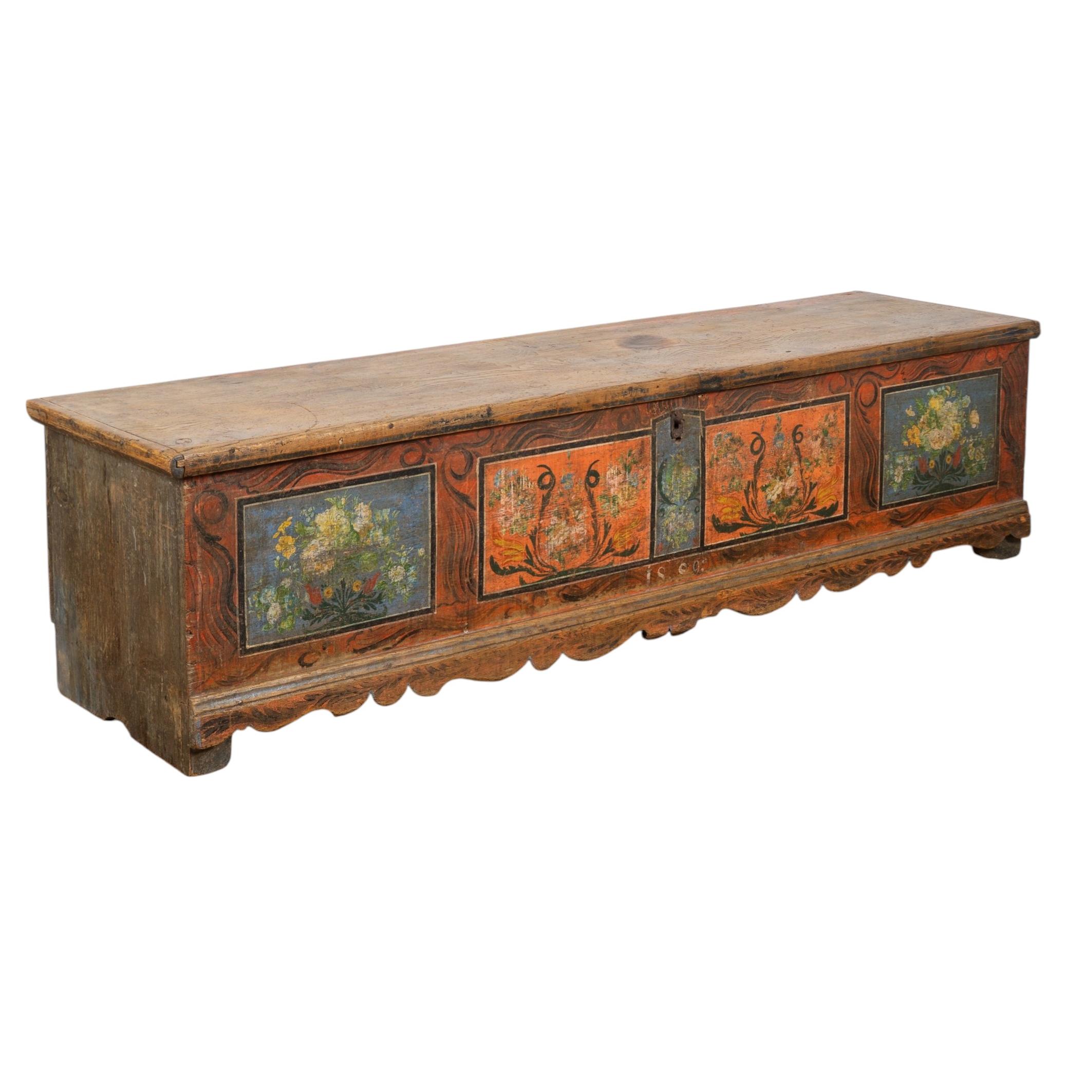 Long Narrow Hand Painted Pine Trunk Bench, Dated 1889