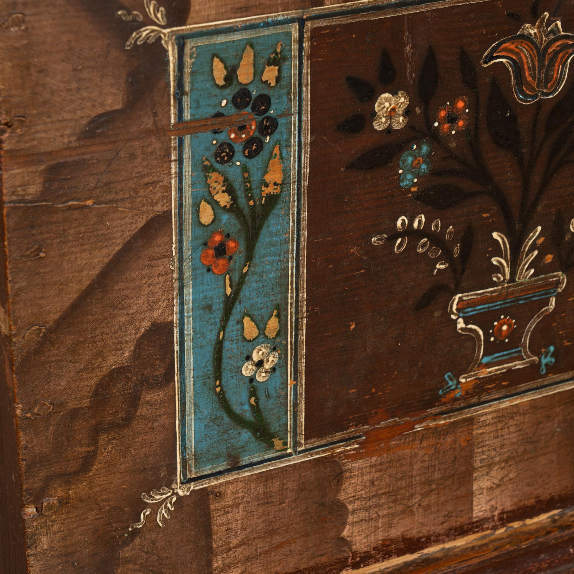 Long Narrow Original Painted Trunk Bench with Storage dated 1921 For Sale 5