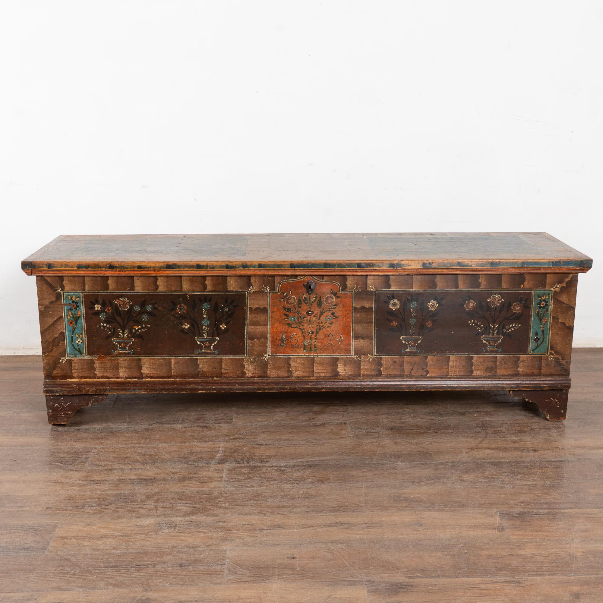 Hungarian Long Narrow Original Painted Trunk Bench with Storage dated 1921 For Sale