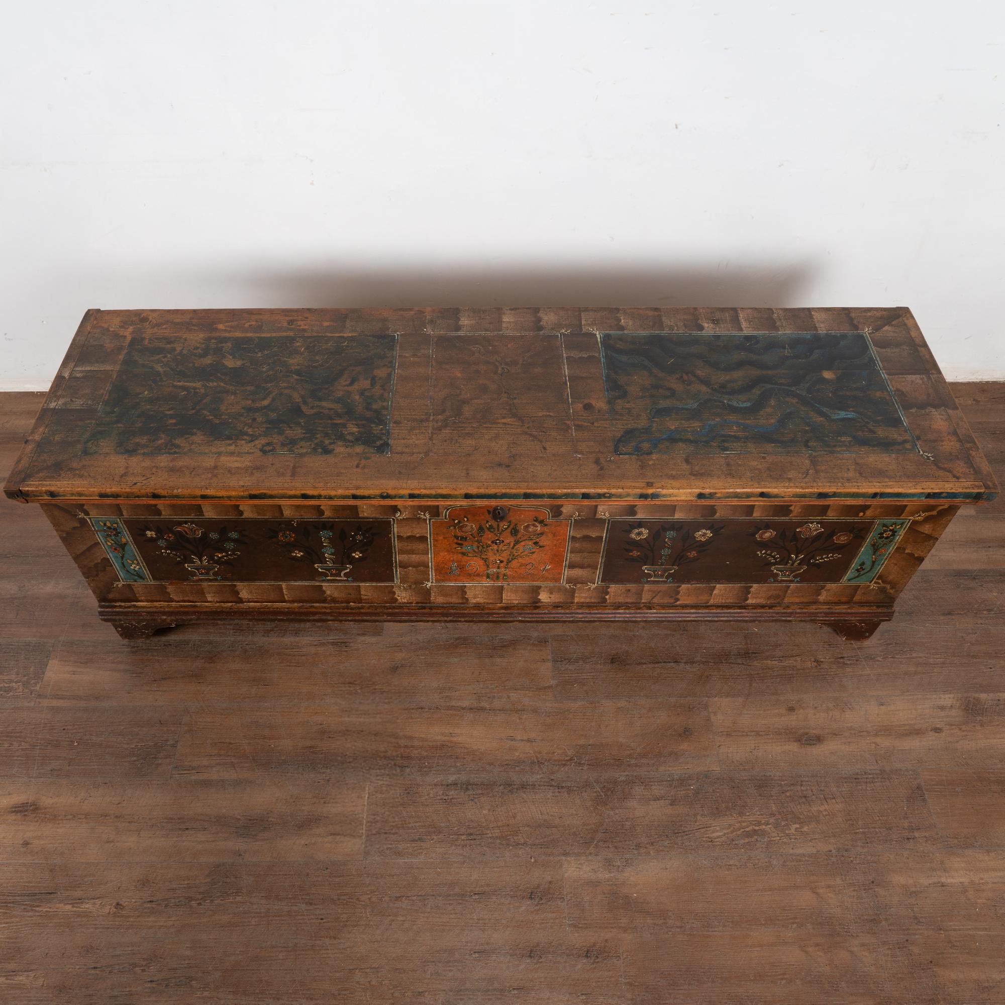 20th Century Long Narrow Original Painted Trunk Bench with Storage dated 1921 For Sale