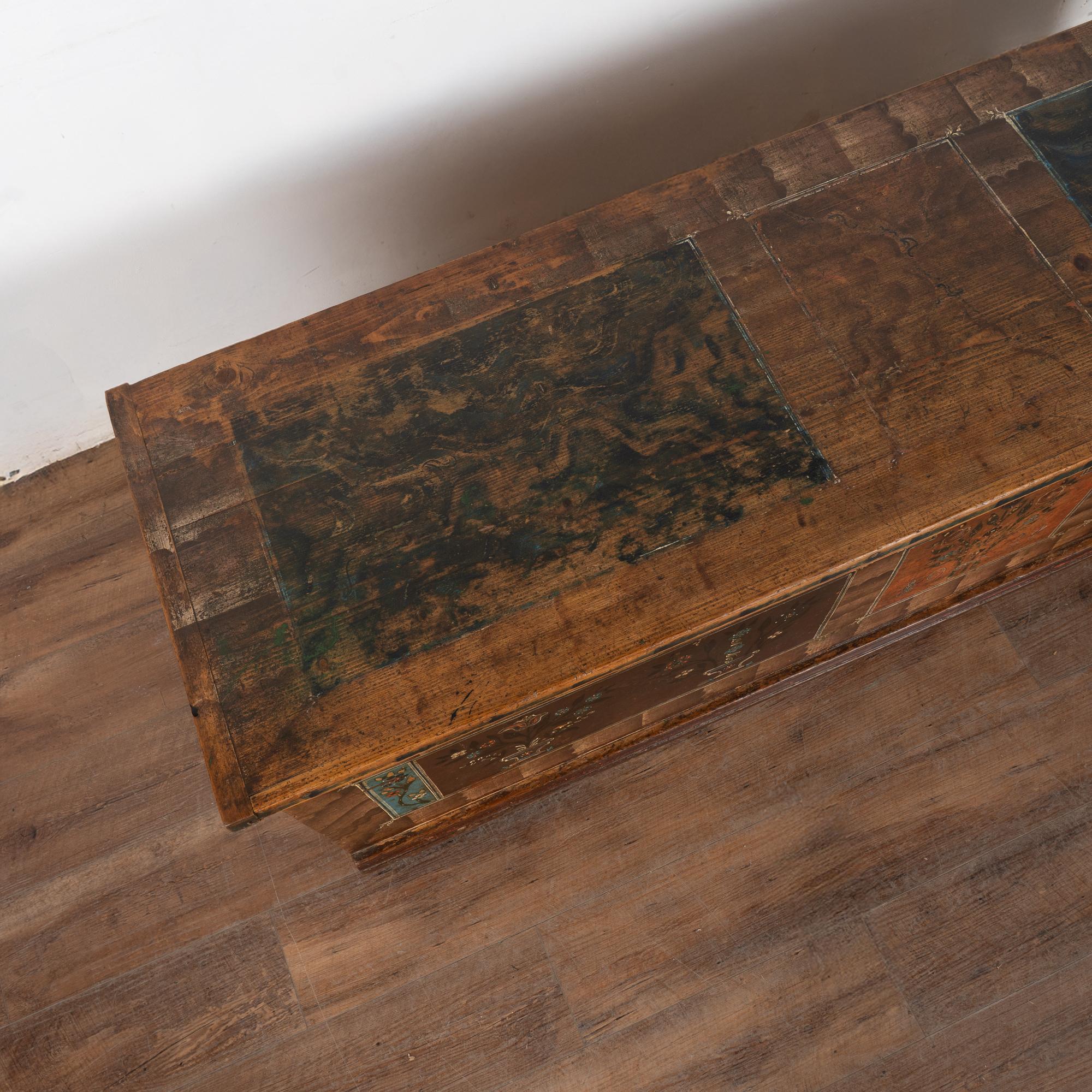 Wrought Iron Long Narrow Original Painted Trunk Bench with Storage dated 1921 For Sale