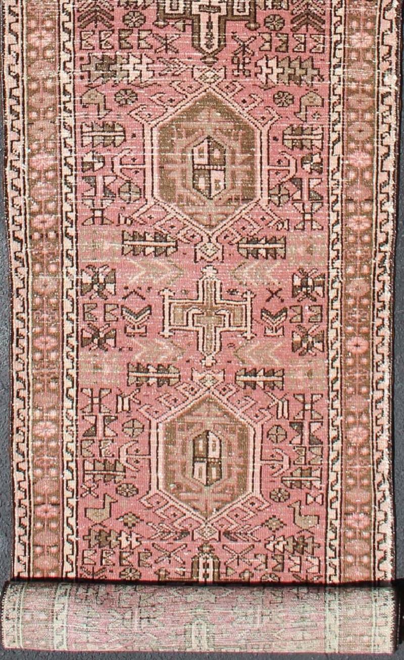 Measures: 2'5 x 15'5.
Long narrow runner, multi-medallion two-toned Heriz runner from Persia. Keivan Woven Arts / rug TRA-H-303-20, country of origin / type: Iran / Heriz, circa 1950

This narrow and long Persian Heriz runner features an expansive