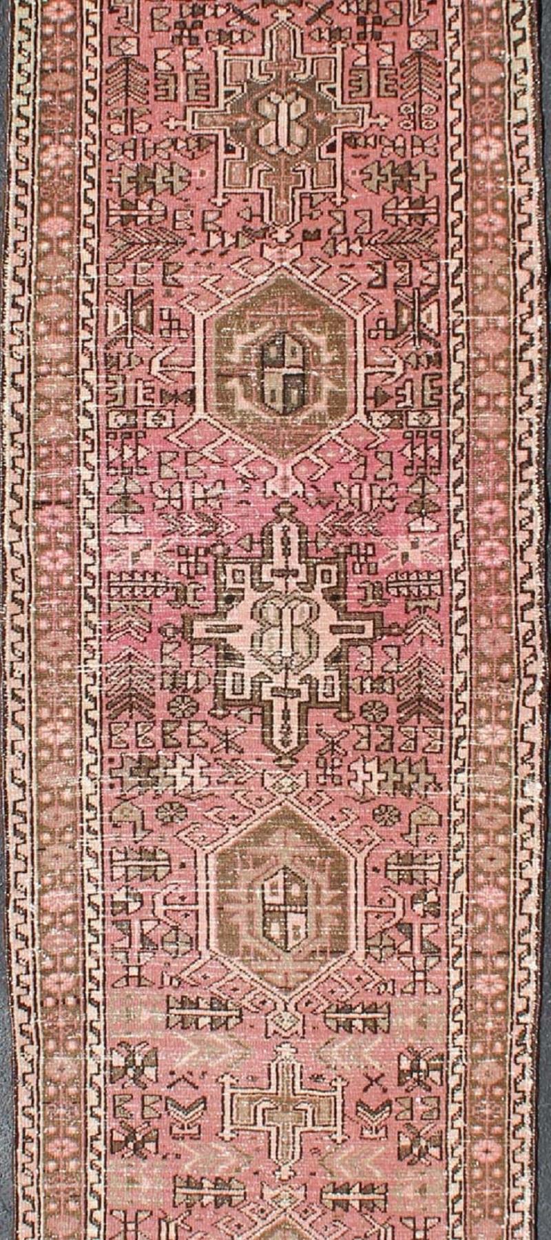 Heriz Serapi Long Narrow Persian Heriz Runner with Tribal Design in Pink and Taupe For Sale