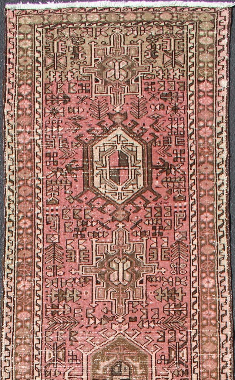 Hand-Knotted Long Narrow Persian Heriz Runner with Tribal Design in Pink and Taupe For Sale
