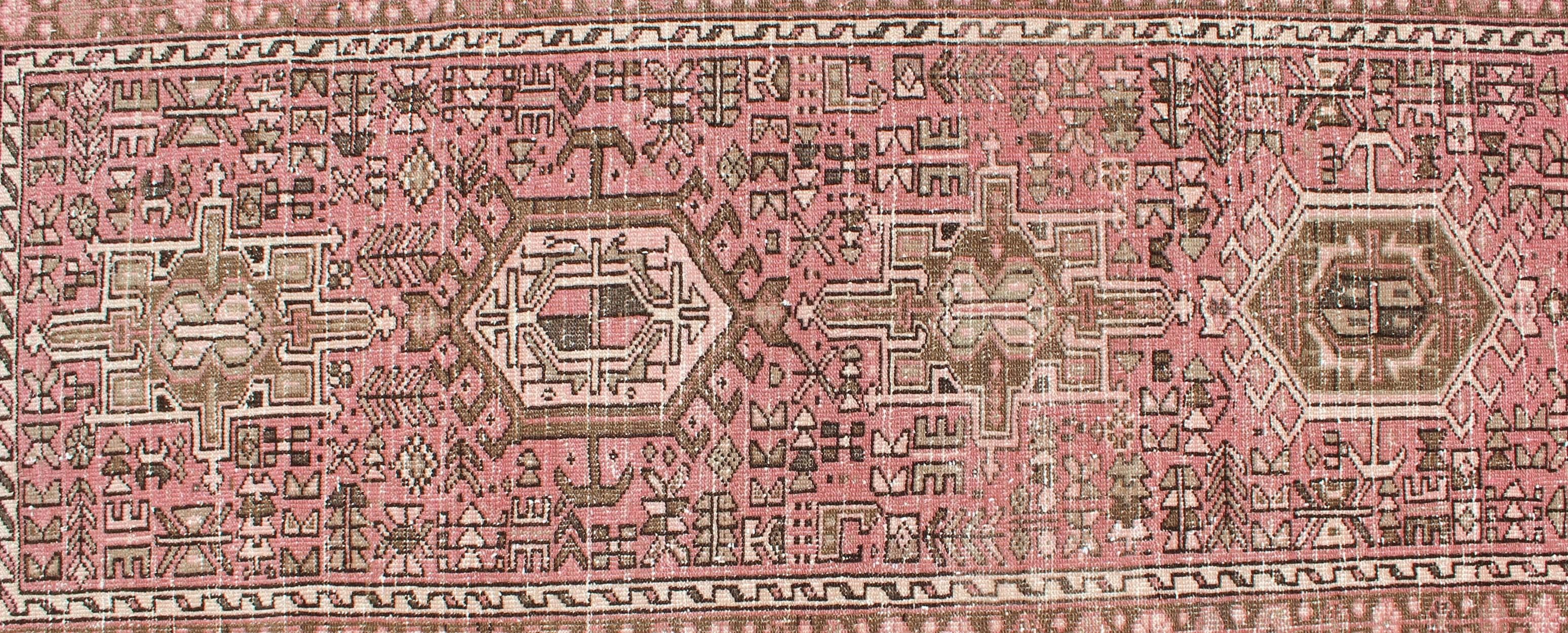 Mid-20th Century Long Narrow Persian Heriz Runner with Tribal Design in Pink and Taupe For Sale