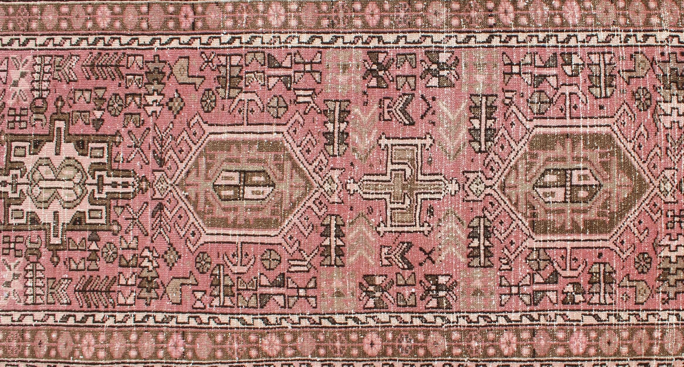 Wool Long Narrow Persian Heriz Runner with Tribal Design in Pink and Taupe For Sale