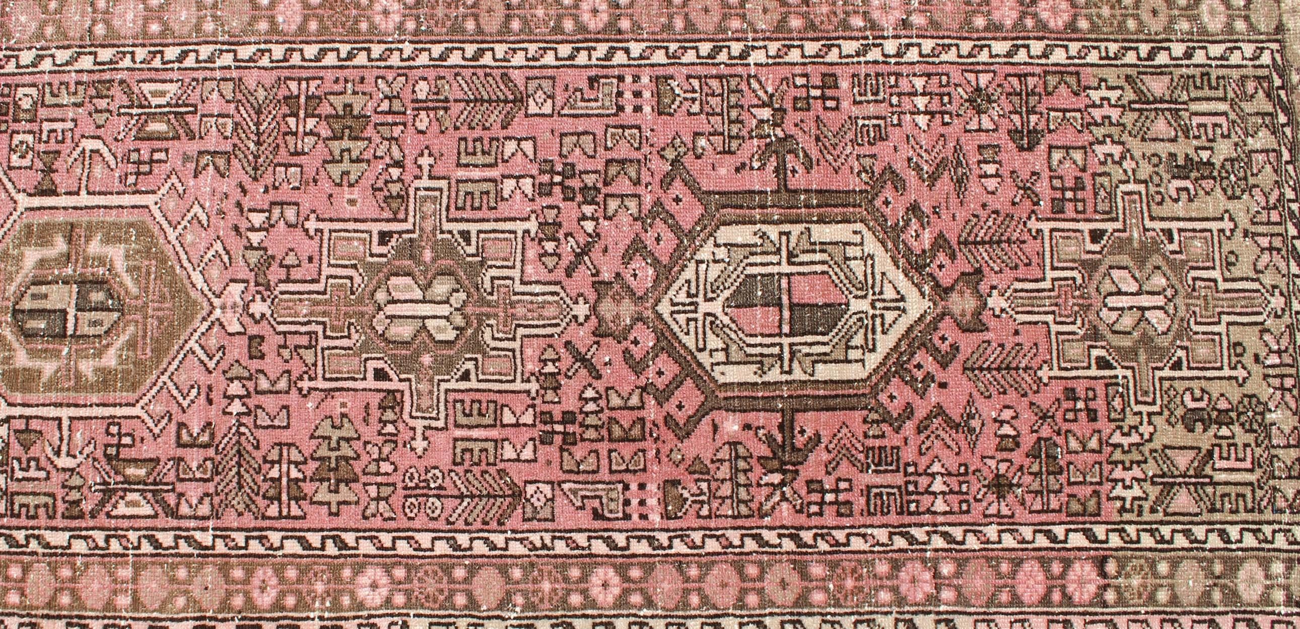 Long Narrow Persian Heriz Runner with Tribal Design in Pink and Taupe For Sale 1