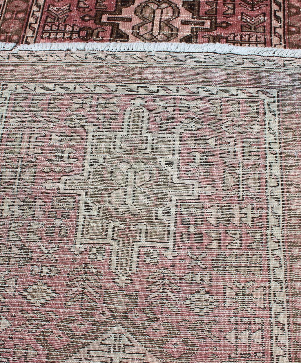 Long Narrow Persian Heriz Runner with Tribal Design in Pink and Taupe For Sale 2