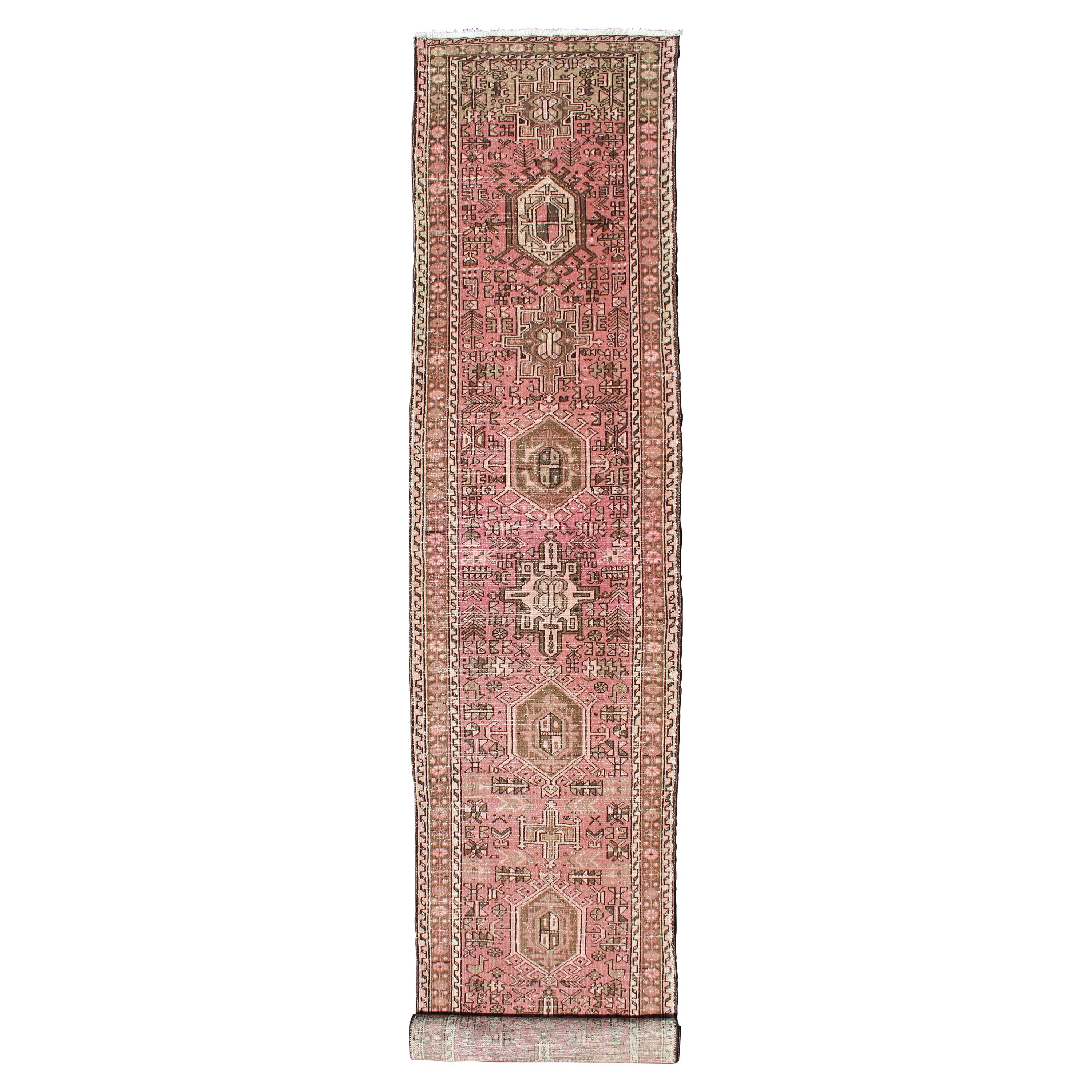 Long Narrow Persian Heriz Runner with Tribal Design in Pink and Taupe For Sale