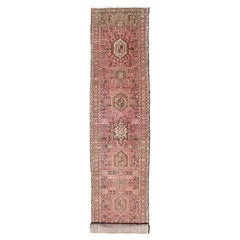 Vintage Long Narrow Persian Heriz Runner with Tribal Design in Pink and Taupe