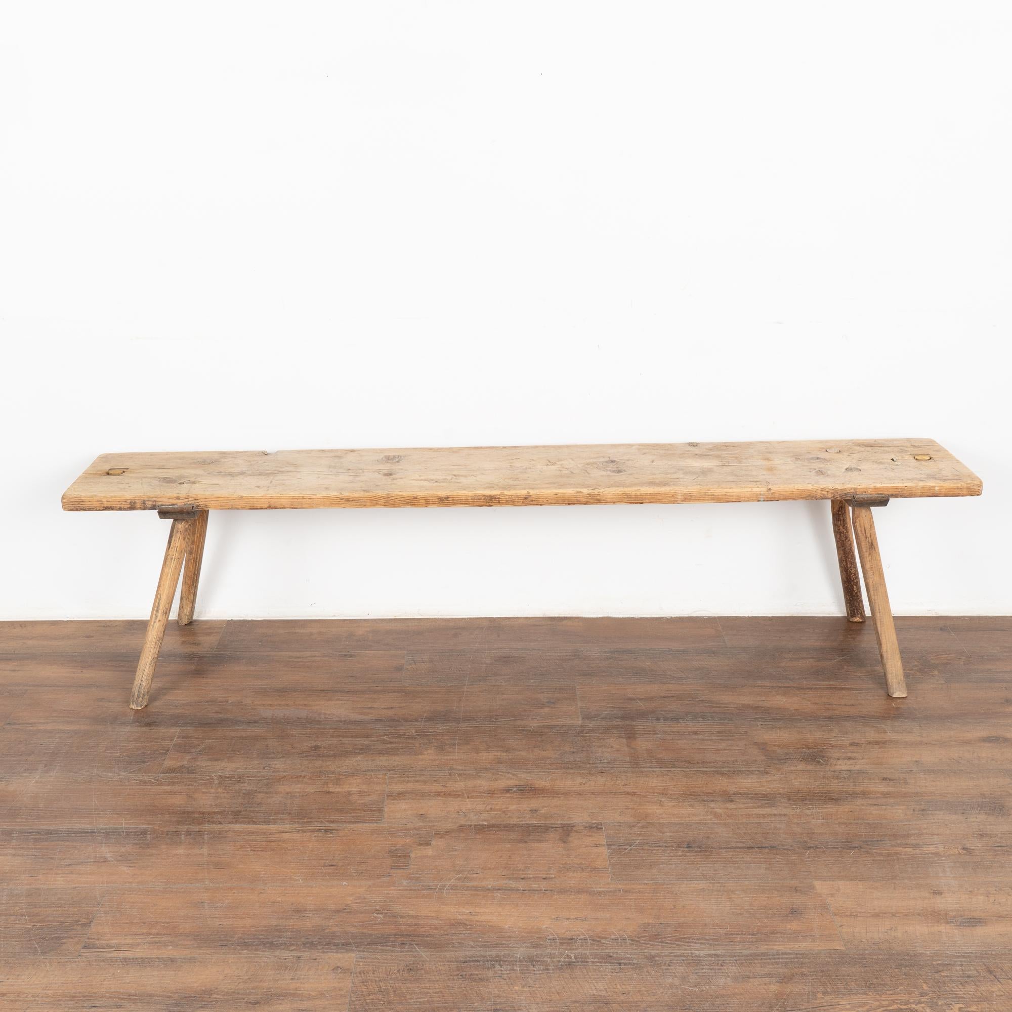 Hungarian Long Narrow Rustic Peg Leg Bench, Hungary circa 1890