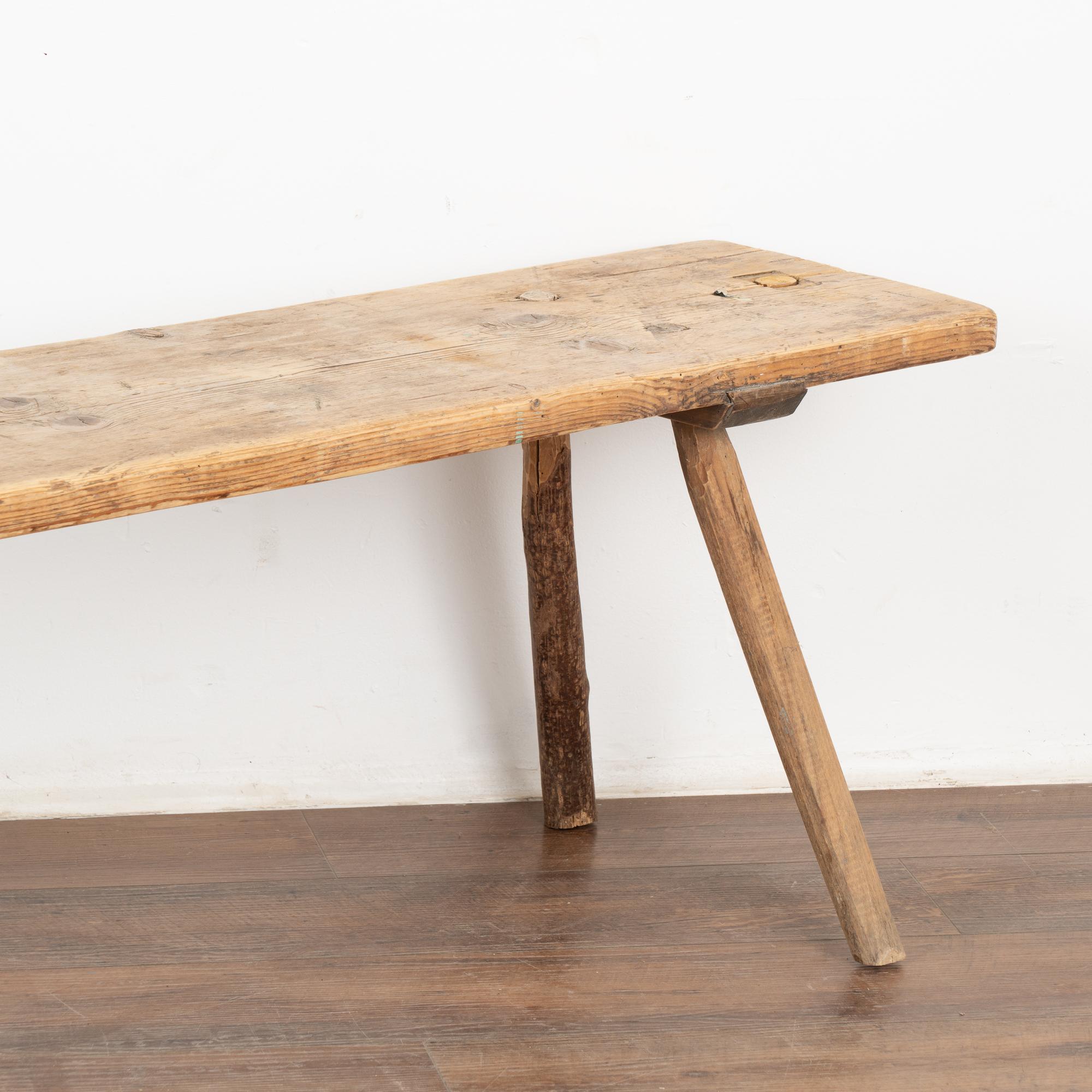 Wood Long Narrow Rustic Peg Leg Bench, Hungary circa 1890