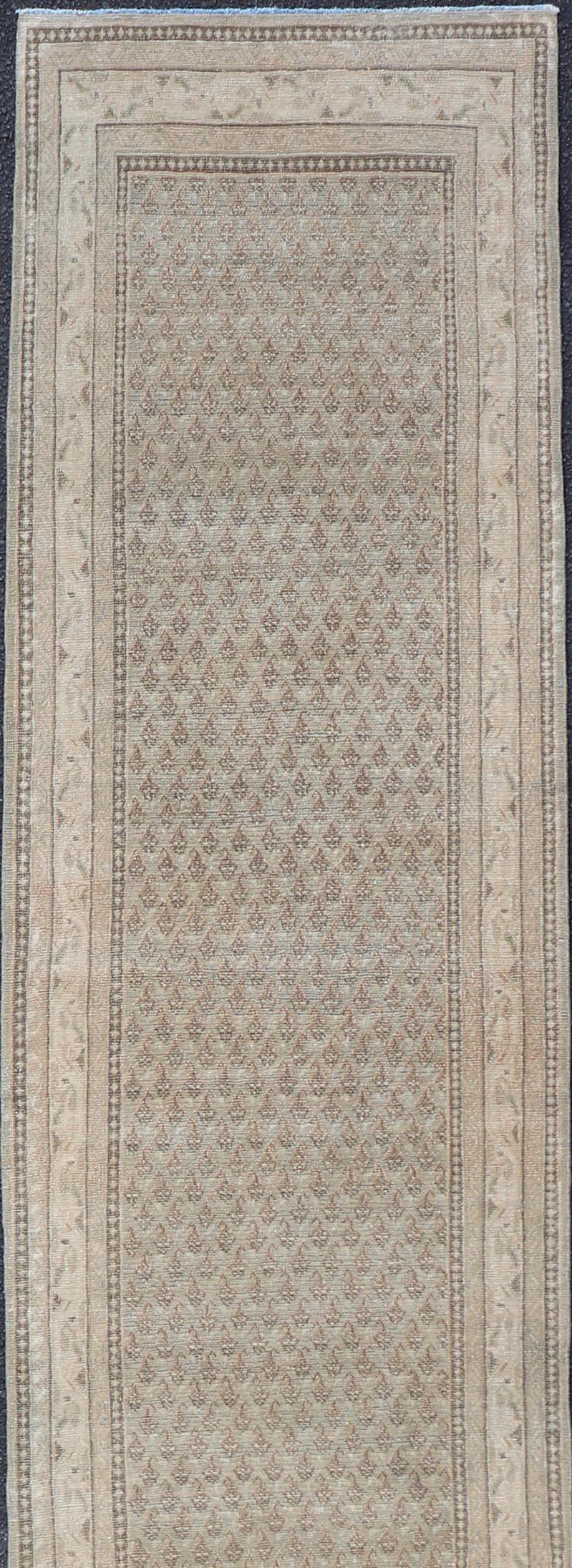 Long & Narrow Vintage Tabriz Runner with Taupe, Soft Blue-Gray, and Light Brown. Keivan Woven Arts / rug/ EN-14890,  Vintage Tabriz runner, mid-20th century. 
Measures: 2'6 x 13'5 
Persian Tabriz runner with a sophisticated design features a unique