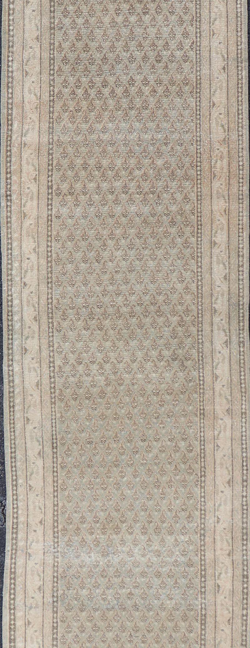 Persian Long & Narrow Vintage Tabriz Runner with Taupe, Soft Blue-Gray, and Light Brown  For Sale