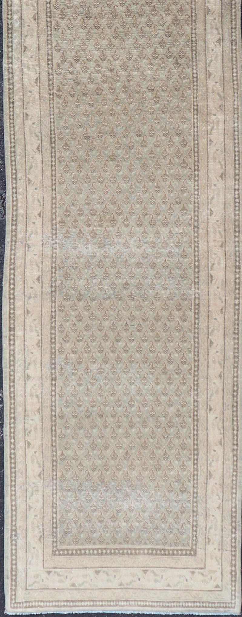 Hand-Knotted Long & Narrow Vintage Tabriz Runner with Taupe, Soft Blue-Gray, and Light Brown  For Sale
