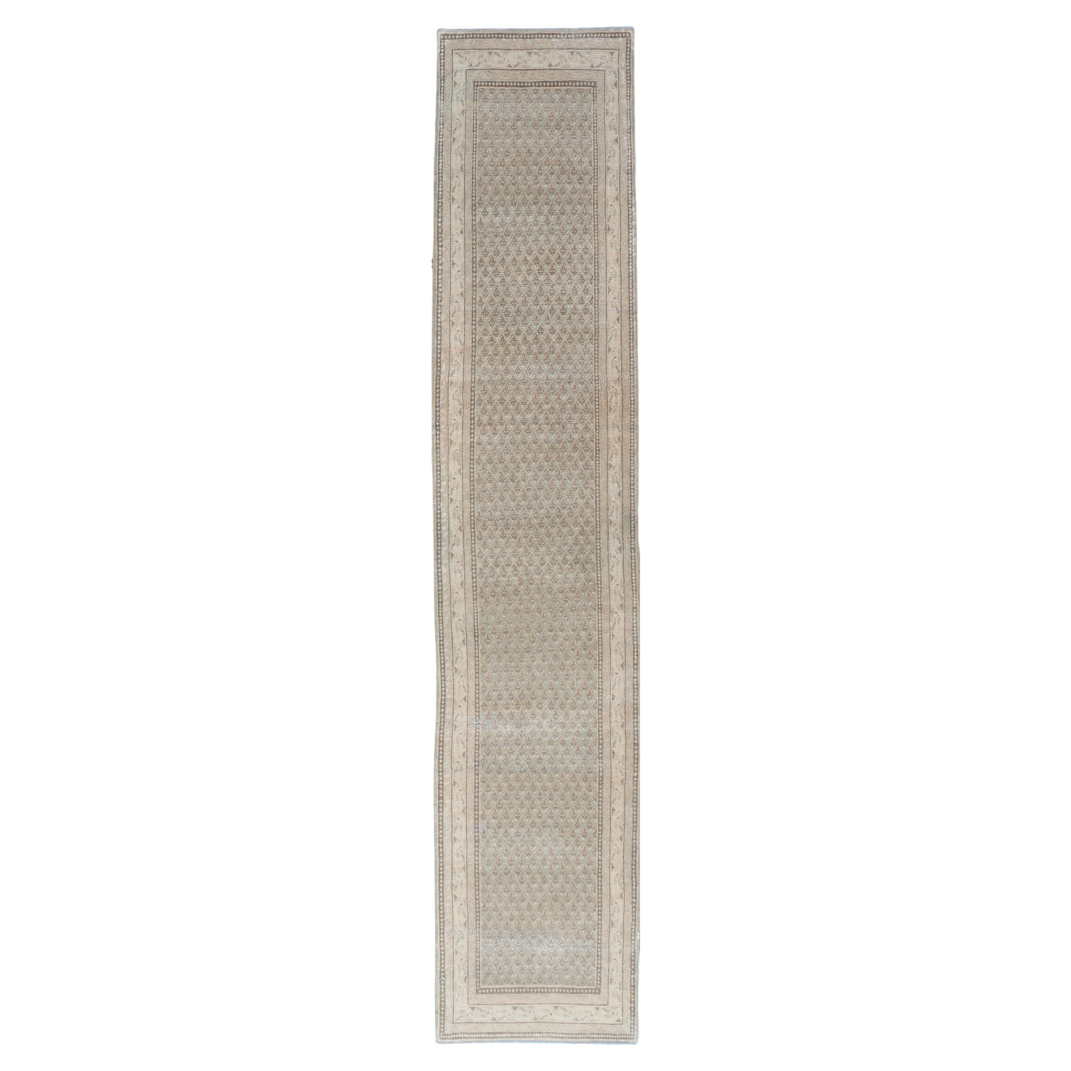 Long & Narrow Vintage Tabriz Runner with Taupe, Soft Blue-Gray, and Light Brown  For Sale