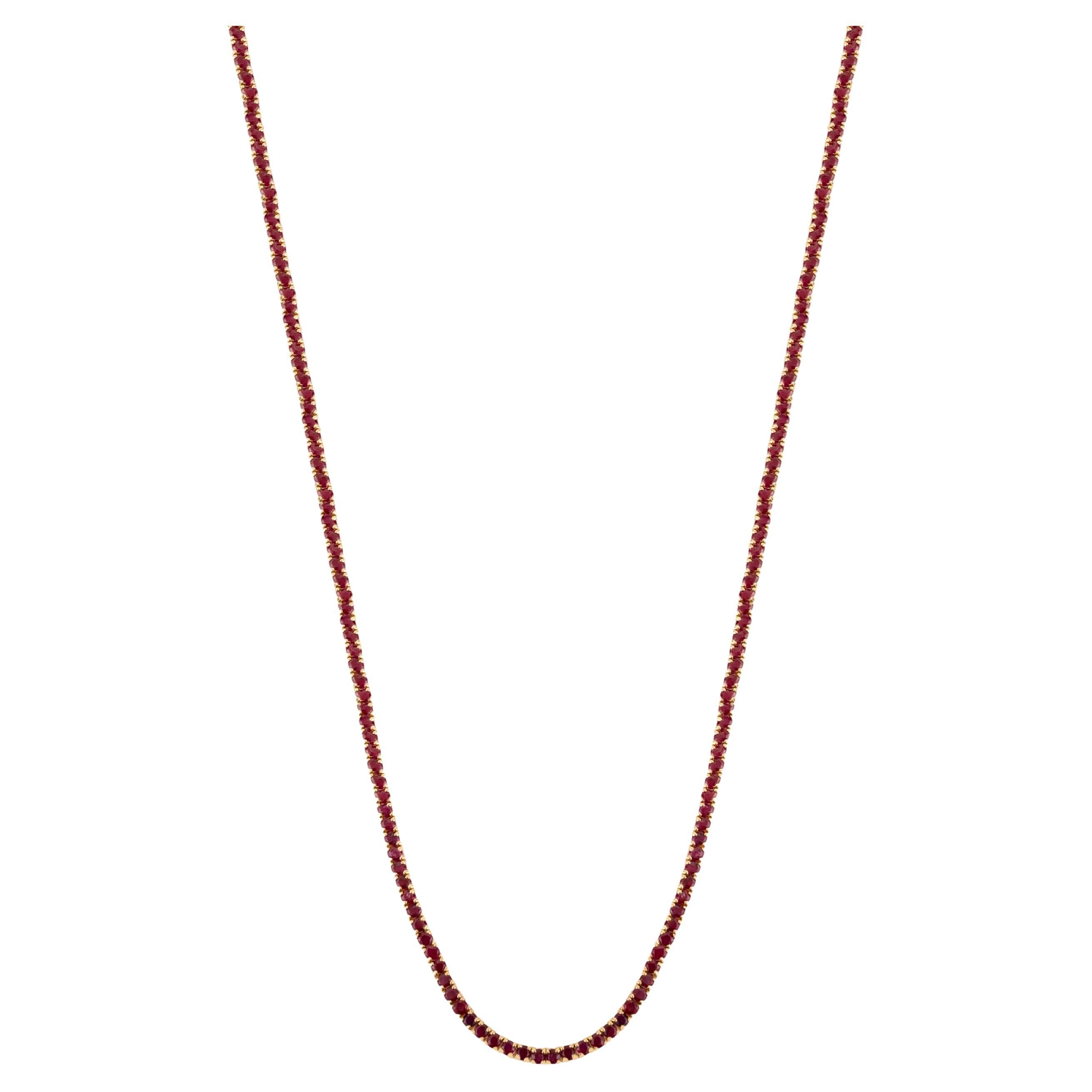 Long Natural Round Ruby Tennis Necklace in 18K Yellow Gold with 8.54 Ct Rubies