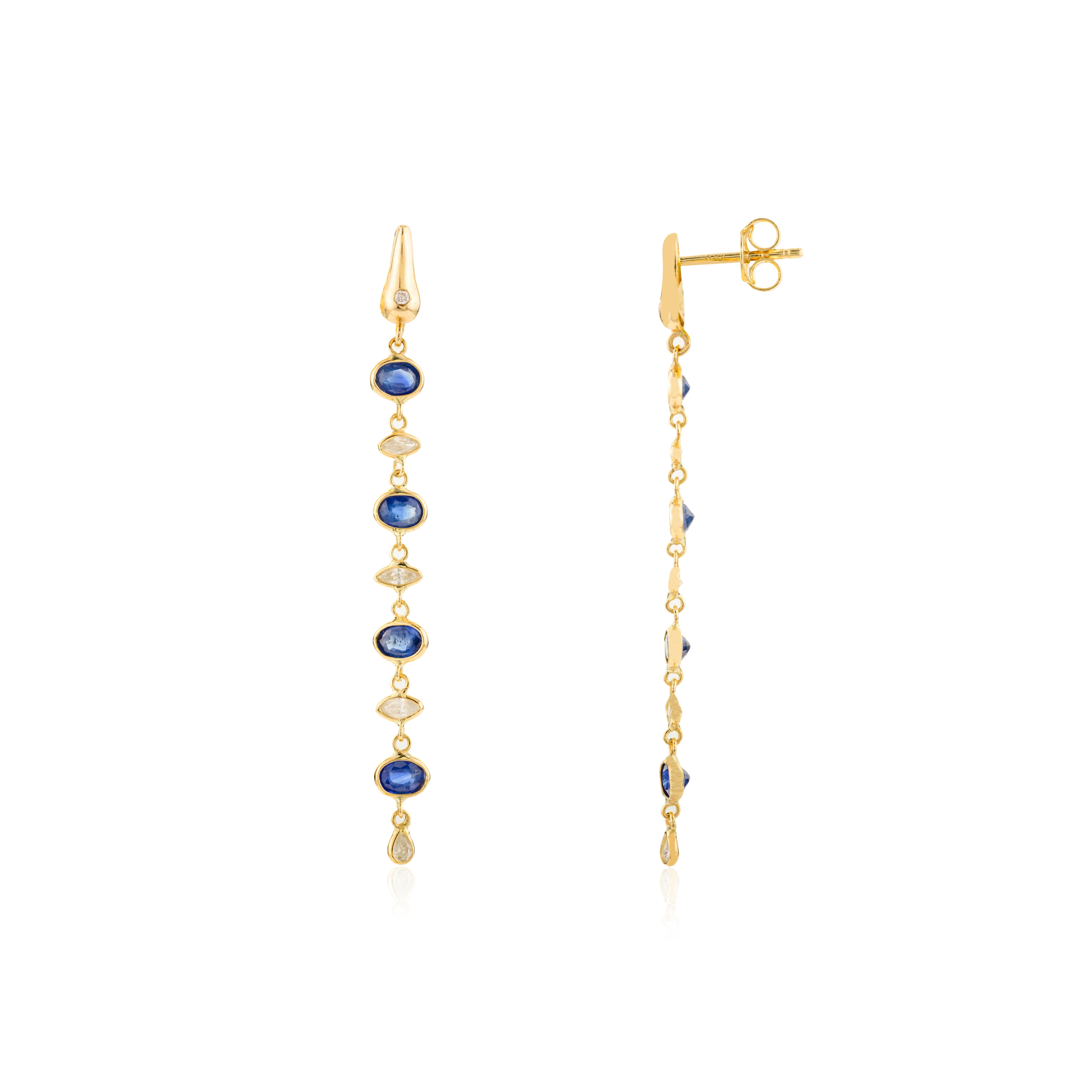 Longues boucles d'oreilles pendantes en or jaune massif 18K serties de saphirs naturels et de diamants Neuf - En vente à New York, NY