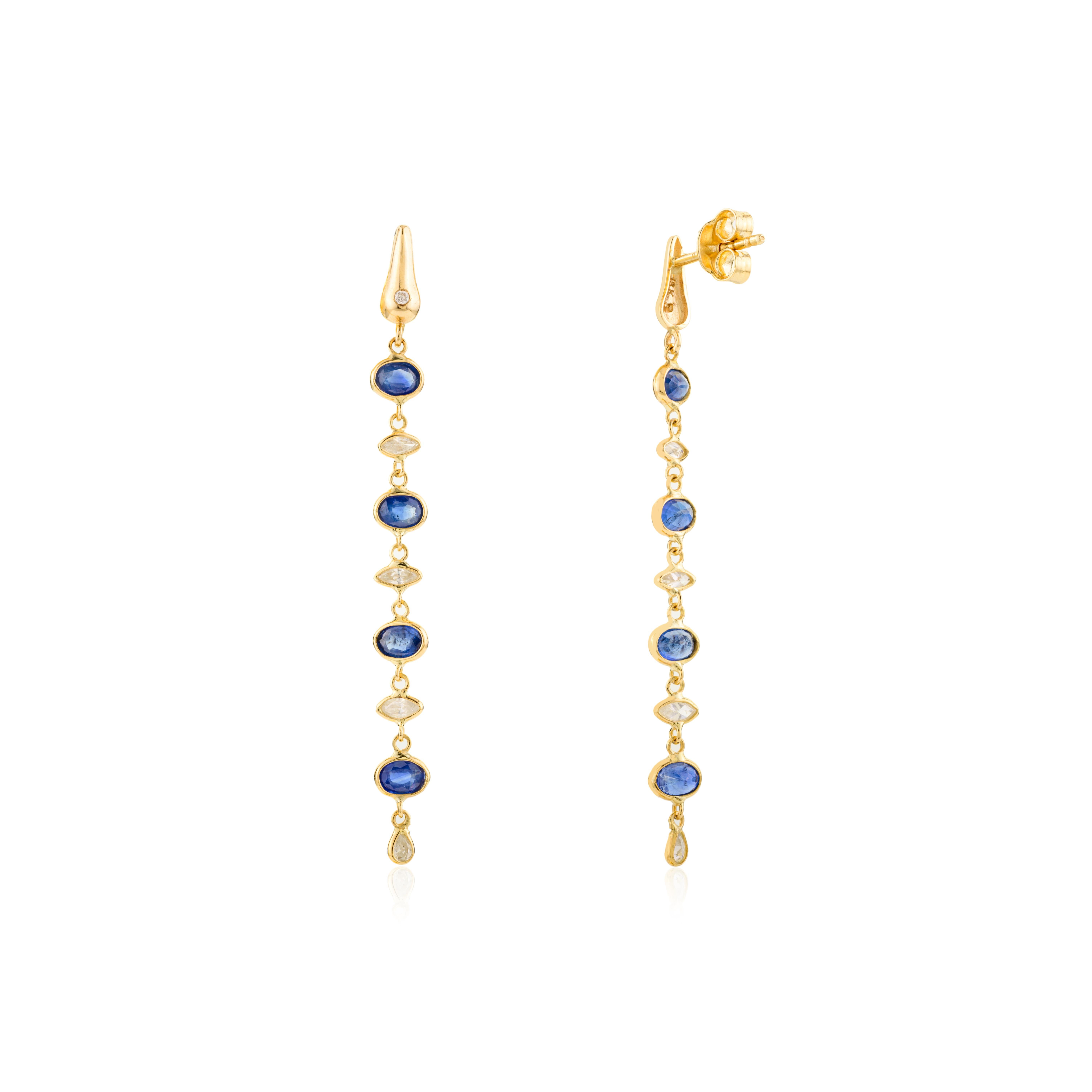 Longues boucles d'oreilles pendantes en or jaune massif 18K serties de saphirs naturels et de diamants Pour femmes en vente