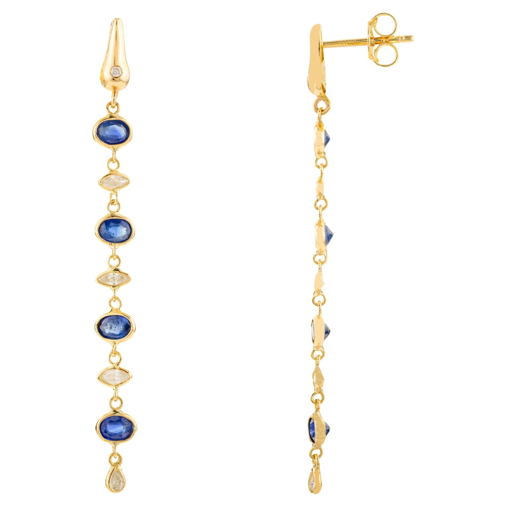Long Natural Sapphire and Diamond Dangle Drop Earrings in 18K Solid Yellow Gold