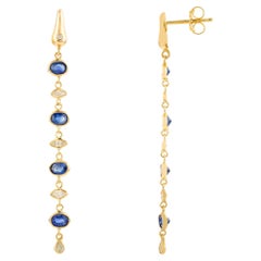 Long Natural Sapphire and Diamond Dangle Drop Earrings in 18K Solid Yellow Gold