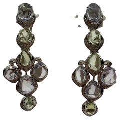 Long natural sapphire & diamond earrings 18KT gold UNHEATED RARE