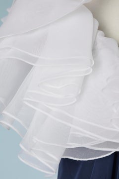 Long navy blue chiffon evening dress with white fluffy neckline Victor Costa