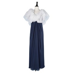 Long navy blue chiffon evening dress with white fluffy neckline Victor Costa