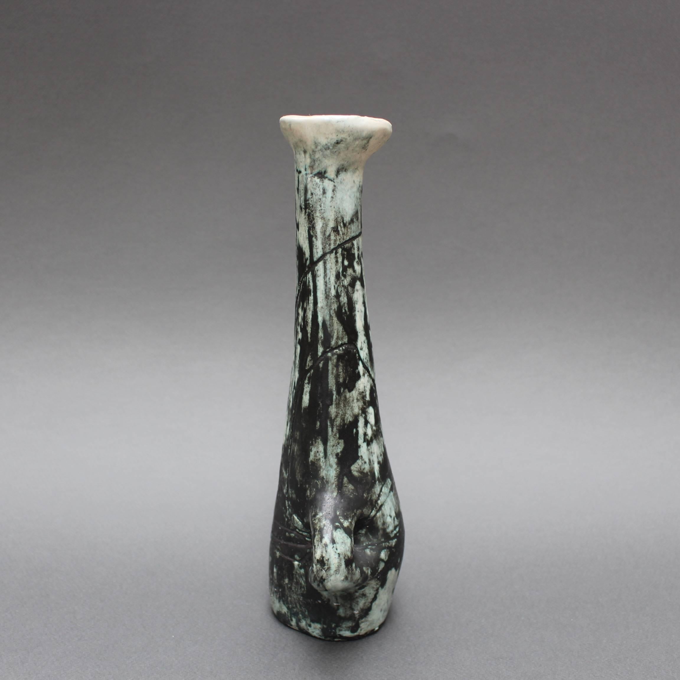 French Long-Necked Earthenware Liqueur Bottle with Handle by Jacques Blin, circa 1950s